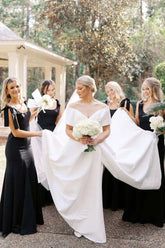 Mermaid Black Satin Bridesmaid Dress Straps Wedding Party with Bows
